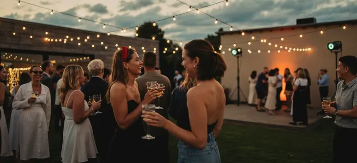 Sommerfest mit Lichterketten und Bühne am Abend